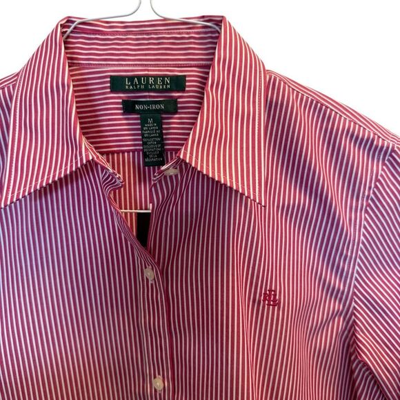 Ralph Lauren pink no iron striped button down blouse size medium, new with tags! - Picture 2 of 4